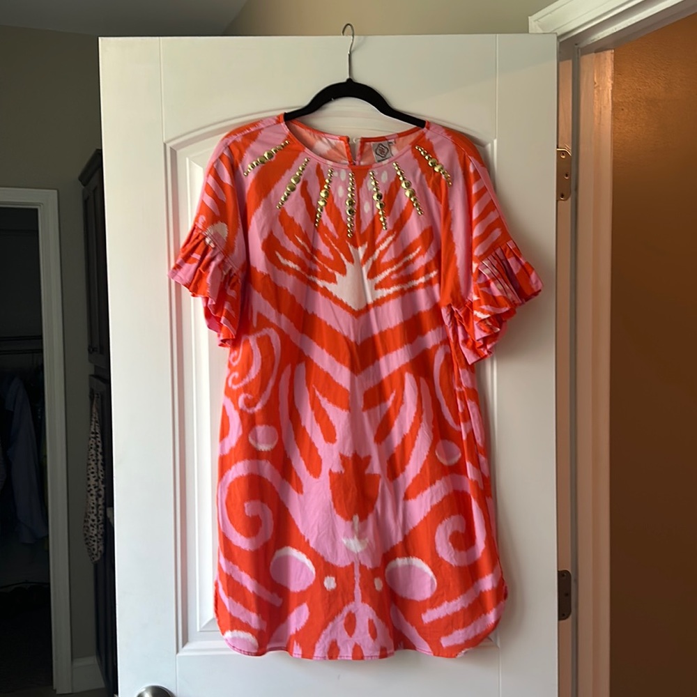 Sheridan French XL pink white orange dress ruffle sleeves